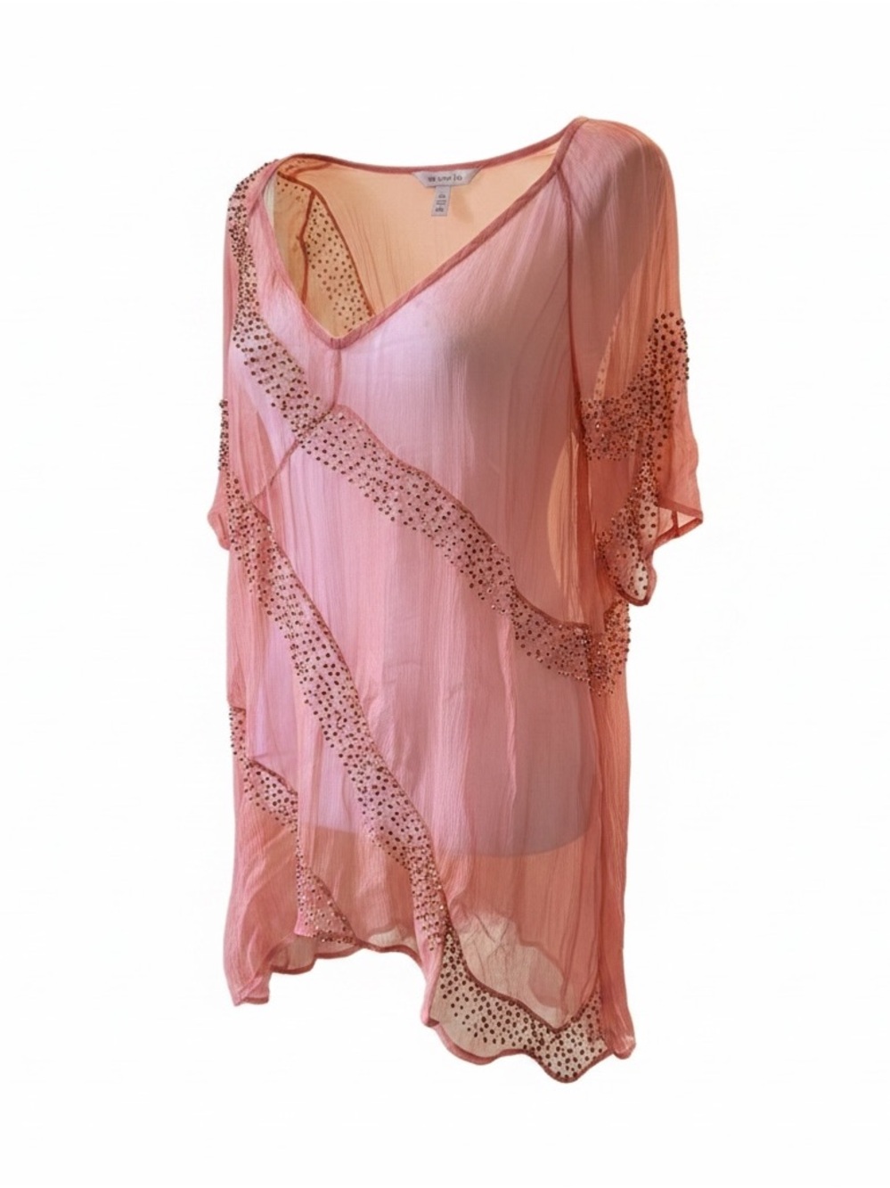 Sheer Coral Pink Beaded V-Neck Swim Coverup Tunic